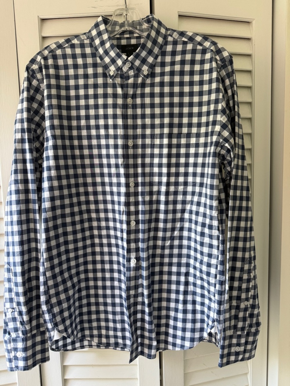 J. Crew Men’s Navy and White Gingham Button-Down Shirt-100% Cotton, Light